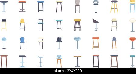 Big set of bar stools in different styles for home and public places representing various designs and materials Stock Vector