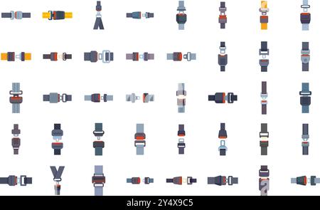 Big set of different seat belts for safety driving in car or airplane ensuring passenger security and protection in case of accident Stock Vector