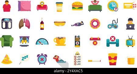 This icon set illustrates the concept of an unhealthy sedentary lifestyle with various symbols representing bad habits Stock Vector