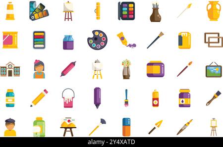 Diverse set of icons representing various artist painting tools and equipment for drawing and painting Stock Vector