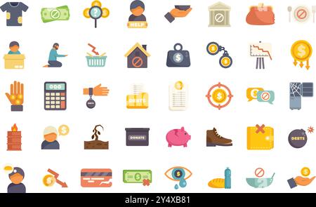 People suffering from poverty with empty wallet, huge debts and no money left for food and basic needs icons set vector Stock Vector