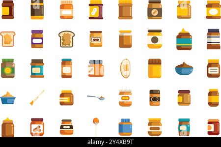 Peanut butter jars, toasts and peanut butter spread on spoon icons set Stock Vector