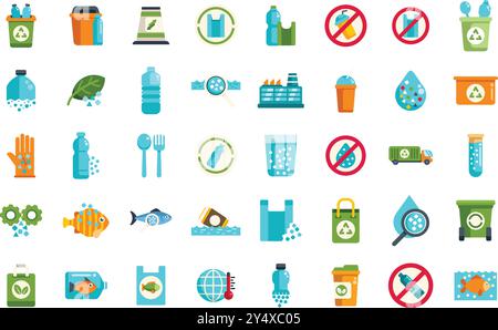 This set of icons highlights the growing concern of microplastic pollution, illustrating its presence in various aspects of daily life and its impact on the environment Stock Vector