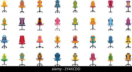 This is a large set of colorful gaming chairs, perfect for illustrating home office setups, streaming, or esports Stock Vector