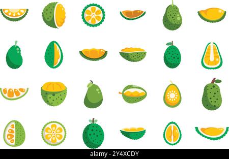 Set of jackfruit slices and whole fruits icons showing different shapes and cuts in flat design Stock Vector