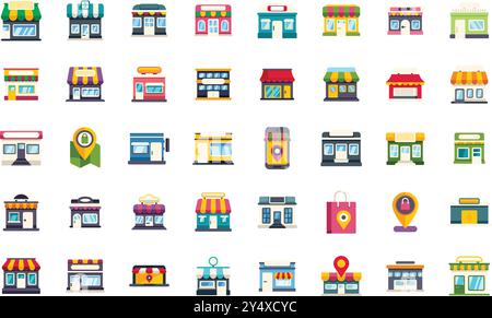 Diverse collection of colorful store front icons is representing various local businesses and services Stock Vector