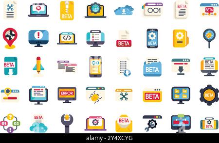 Set of colorful icons representing software testing, debugging, and the process of finding and fixing bugs in software development Stock Vector