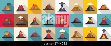 Volcano explosion icons set. This is a collection of various illustrations of volcanoes in different states of eruption Stock Vector