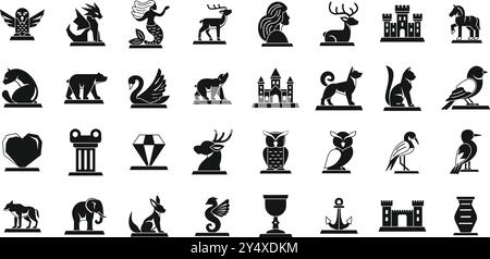 Ice sculpture icons set. Set of heraldic figurines showcasing animals, objects, and mythical creatures in silhouette style Stock Vector