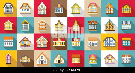 Traditional german houses icons set. Colorful european traditional half timbered houses facades icons set in flat style with long shadow Stock Vector