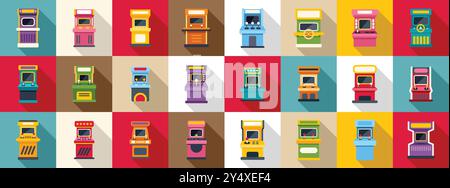 Retro arcade video game screen machine icons set. Large set of colorful arcade game cabinets with joysticks and buttons, bringing back the nostalgia of the eighties Stock Vector