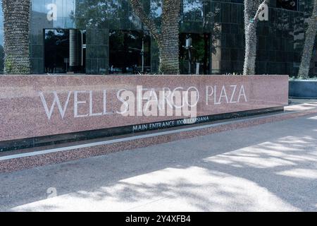 Wells Fargo Plaza ground sign in Houston, Texas, USA. Stock Photo