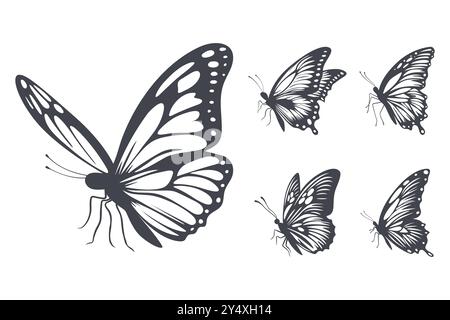 Monochrome Hand-Drawn Butterfly Icon Set. Single Color Butterfly Illustrations for Cutting, Tattoo Designs. Minimalist Butterfly Art, Clipart, Design Stock Vector