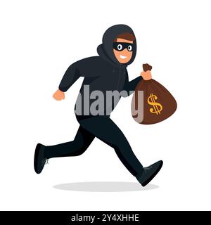 Vector Cartoon Thief Running with Stolen Money Bag. Flat Style Criminal Holding Money Bag with Dollar Sign. Bank Robbery Scene with Thief in Hoodie Stock Vector