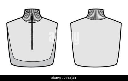 Add-on Knit Collars detachable accessories with zipper fastening Turtleneck Sweater part technical fashion illustration sleeveless. Flat jumper apparel front, back grey color style. Women men unisex Stock Vector