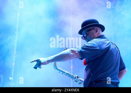 Suggs, Chas Smash, Lee Thompson, Mike Barson from Madness performs on Stage during Noches del Botanico Festival at Royal Botanical Garden Alfonso XIII on June 23, 2022 in Madrid, Spain. Stock Photo