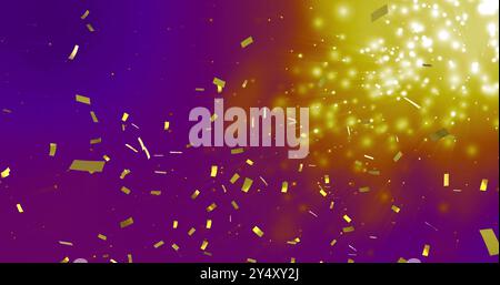 Golden confetti falling image over purple and yellow background Stock Photo