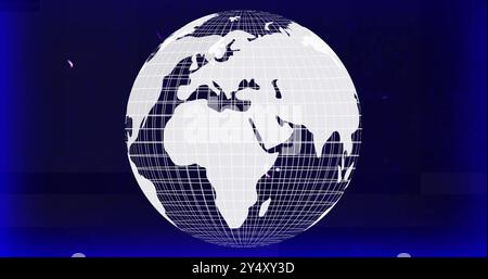 Rotating globe with grid lines image over dark blue background Stock Photo