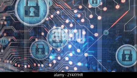 Image of padlock icons and data processing over computer servers Stock Photo
