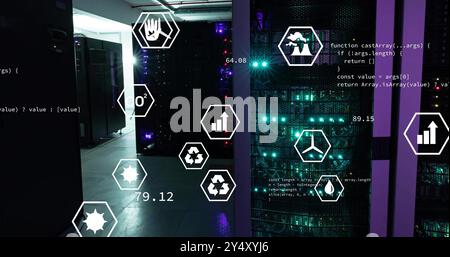 Image of ecology icons and data processing over server room Stock Photo