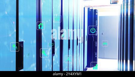 Image of shapes and ecology icons over server room Stock Photo