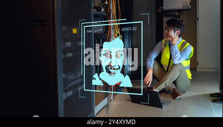 Image of data processing with portraits over asian worker in server room Stock Photo