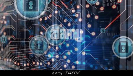 Image of padlock icons and data processing over computer servers Stock Photo