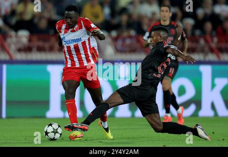 Belgrade. 19th Sep, 2024. Crvena Zvezda's Silas Mvumpa (L) vies with Benfica's Florentino during the UEFA Champions League match between Crvena Zvezda and Benfica in Belgrade, Serbia on Sept. 19, 2024. Credit: Predrag Milosavljevic/Xinhua/Alamy Live News Stock Photo