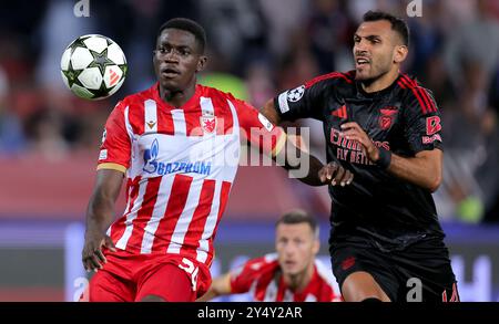 Belgrade. 19th Sep, 2024. Crvena Zvezda's Nasser Djiga (L) vies with Benfica's Vangelis Pavlidis during the UEFA Champions League match between Crvena Zvezda and Benfica in Belgrade, Serbia on Sept. 19, 2024. Credit: Predrag Milosavljevic/Xinhua/Alamy Live News Stock Photo