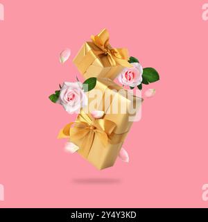 Gift boxes and roses in air on pink background Stock Photo
