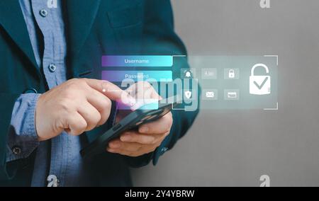 Businessman using pen on virtual screen with shield of security, online security, entering code to login to network. Security check for safety protect Stock Photo