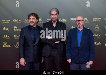 Javier Bardem, Fernando Leon de Aranoa, Jaume Roures attends 36th Goya Awards - Red Carpet at Palau de les Arts Reina Sofia on February 12, 2022 in Valencia, Spain. Stock Photo