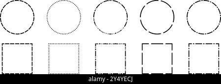 Black dashed frame set. Dashed outline circle and square border collection. Geometric dotted rectangular and round shape pack. Outline cut out element design bundle for poster, banner, flyer. Vector Stock Vector