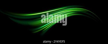 Glowing neon light trail element. Bright green speed line wave. Magic luminous curved path concept. Abstract bent dynamic motion stripes. Shiny flowing streaks for poster, banner, flyer. Vector Stock Vector