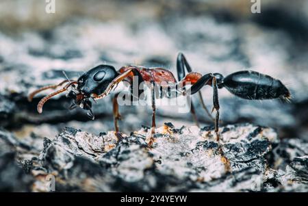 Black ant with red legs is walking on a tree trunk, exploring its surroundings with its antennae. Stock Photo