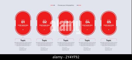 Five red Options of infographic templates design. 5 elements of modern red infographics style, business and finance process, infographic process steps Stock Vector