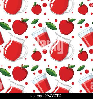Apples, juice, and leaves in a pattern Stock Vector