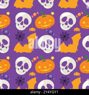 Skulls, pumpkins, bats, and spiders on purple background Stock Vector