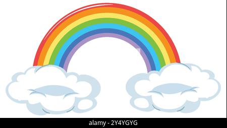 Bright rainbow arching over two fluffy clouds Stock Vector