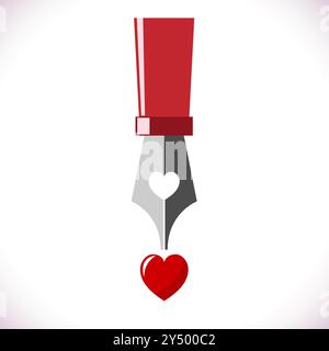 Fountain pen squirting red ink drop, heart shape. Romantic writer for love stories or Valentine day messages. Vector illustration Stock Vector