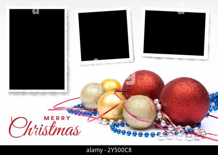 Christmas card with red and gold baubles and three empty photo frames on white background Stock Photo