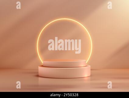 Minimalist circular podium with glowing neon ring for elegant product displays, perfect for showcasing cosmetics, jewelry, or small items in luxury re Stock Vector