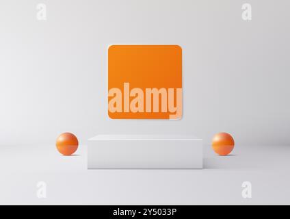 Clean and sleek minimalist scene with a white podium, bright orange spheres, and square backdrop, ideal for contemporary projects, product showcases, Stock Vector