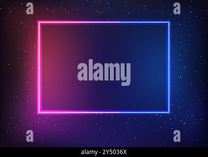 Neon Square Frame with Pink and Blue Gradient on Starry Sky Background, Futuristic Abstract Digital Art for Modern Designs Stock Vector