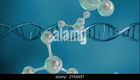 Image of molecules over dna strand spinning Stock Photo
