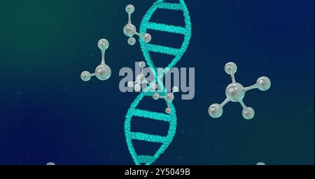 Image of molecules over dna strand spinning Stock Photo