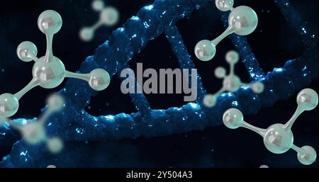 Image of molecules over dna strand spinning Stock Photo