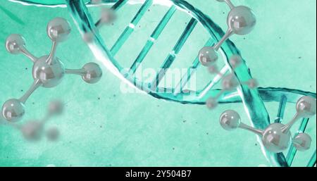 Image of molecules over dna strand spinning Stock Photo
