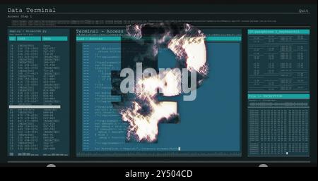 Data terminal screen with encryption code image over terminal access interface Stock Photo