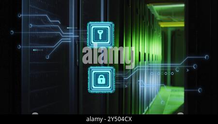 Digital security icons image over data center servers with green lighting Stock Photo